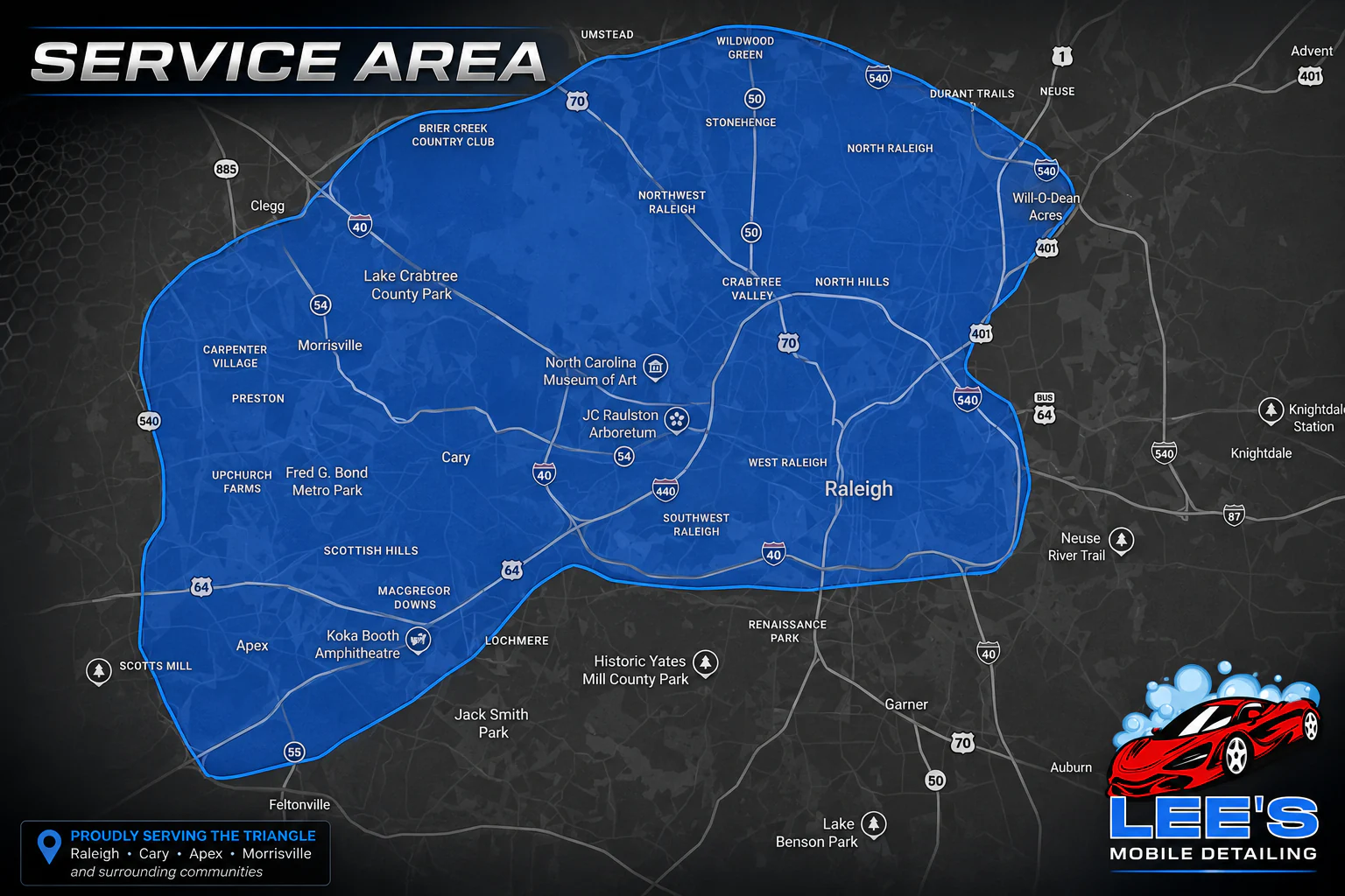 Lee's Mobile Detailing service area map covering Raleigh, Cary, Apex, Morrisville, and surrounding Triangle communities
